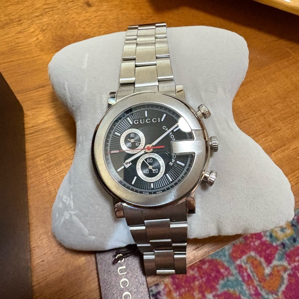 Gucci Silver and Black Luxury Chronograph Watch